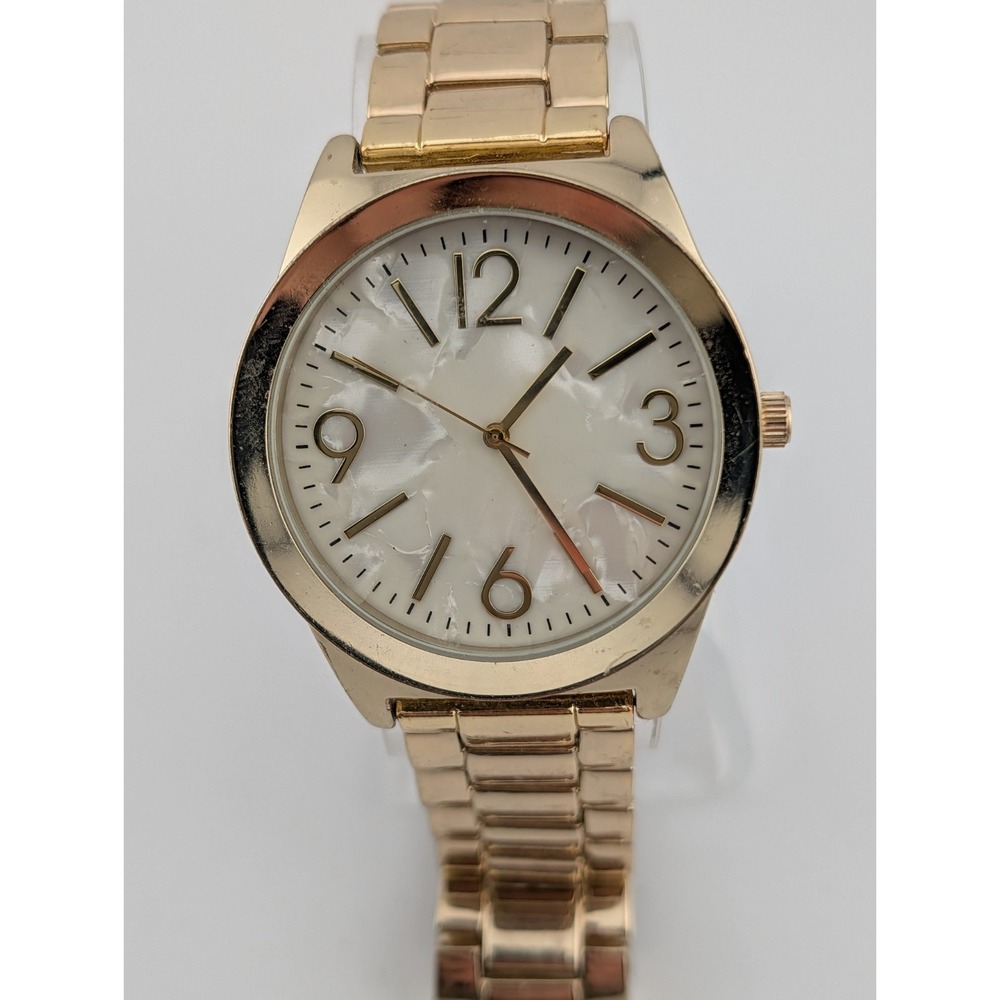Women's Quartz Watch 42mm Case Pearlized Dial 7" Gold Band- New Battery